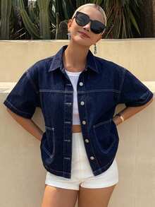 DAZY Kemeja Denim Wanita Kasual Musim Semi/Panas, Minimalis, Serbaguna, Lengan Pendek, Kancing Depan Satu Baris, untuk Perjalanan Sehari-hari - Biru - View 5