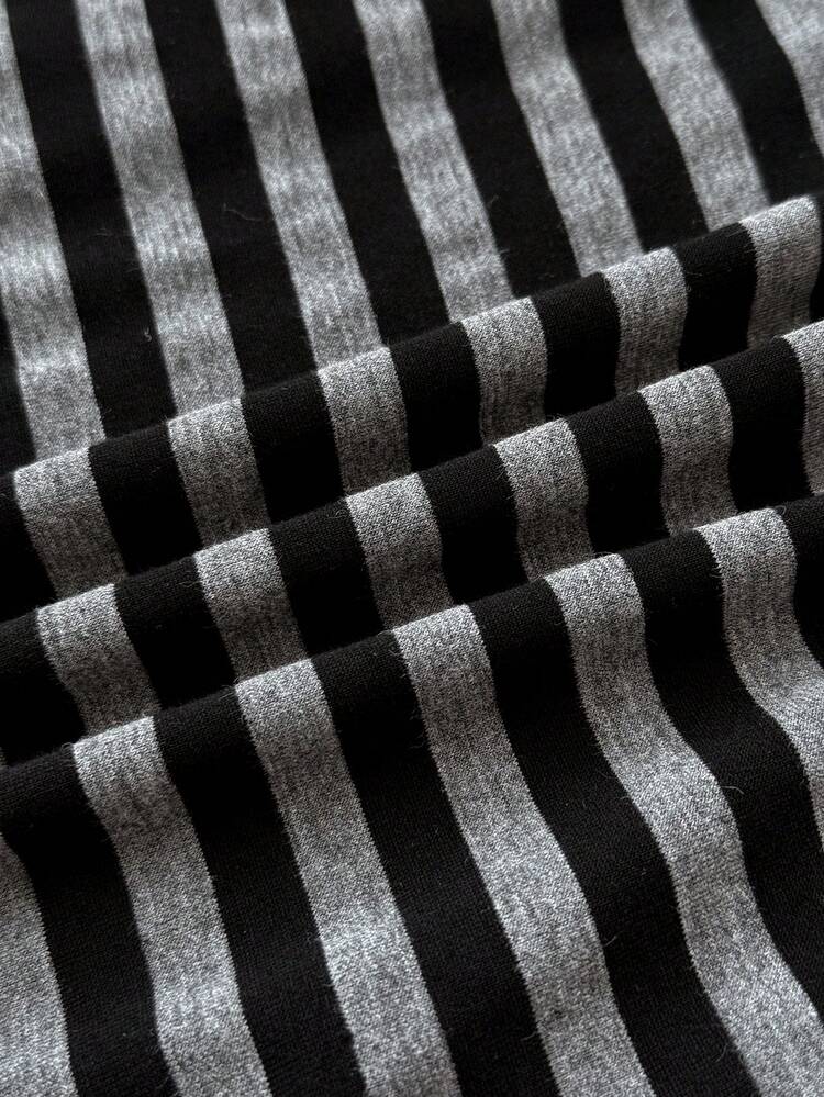 SHEIN Kids Teen Girls T-Shirts Spring Autumn Winter New Knit Vintage Y2K Style Striped Small V-Neck Casual Minimalist Knit Long Sleeve Top, Back To School, Street Casual Style, Slim Fit - Black - View 8
