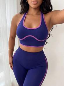 SHEIN Sports 女士休闲运动露背吊带背心和高腰紧身裤套装 - 粉色 - 查看 4