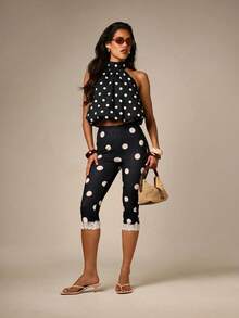 AiiRZ Crop Top Polkadot Model Halter Neck dengan Hem Gelembung dan Punggung Terbuka, Siluet Mengalir untuk Pesta Musim Panas - Hitam dan Putih - View 4