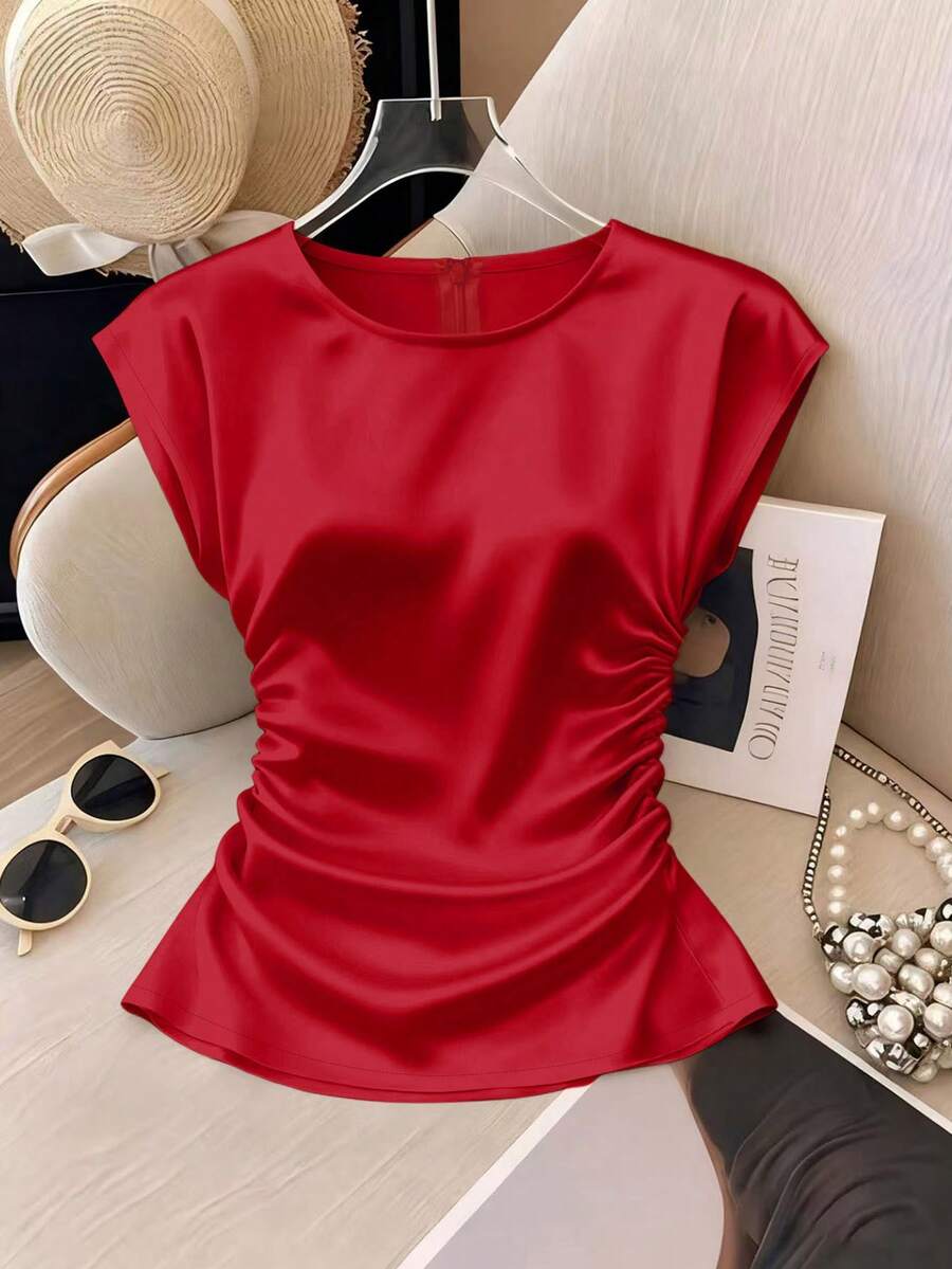 Franclia Women's Elegant Round Neck Waist Fitted Pleated Short Sleeve Versatile Solid Light Peach Blouse - Red - View 1