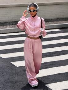 Muchica 女款柔粉色緞面青蛙鈕扣夾克寬腿褲套裝，秋季優雅街頭風休閒運動 Y2K 度假派對日常外出旅行穿搭 - 粉色 - 查看 4