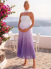 Loomaby Vestido elegante sin tirantes con degradado de color y bajo plisado para maternidad - Morado - Ver 7