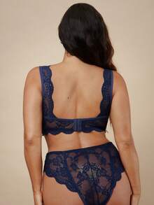 SHEIN BAE CURVE 2pcs/Set Plus Size Lace Sexy Bra And Panty Lingerie Set, Minimalist & Fashionable For Casual And Daily Wear, Lift - Navy Blue - View 2