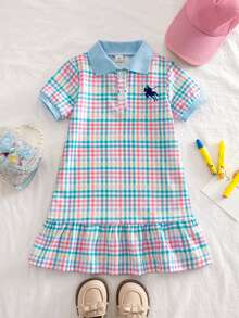Emery Rose Kids 兒童小女孩度假休閒時尚短袖洋裝 粉色針織格紋領休閒洋裝 返校季 - 藍色 - 查看 4