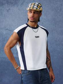 PAVTROS Camiseta sin mangas de hombre con bloques de color, patchwork e impresión de letras - Multicolor - Ver 6