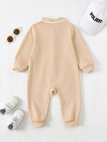 SHEIN 新生兒男嬰/女嬰秋冬款可愛卡通圖案 Polo 領長袖連身衣 - 卡其色 - 查看 2
