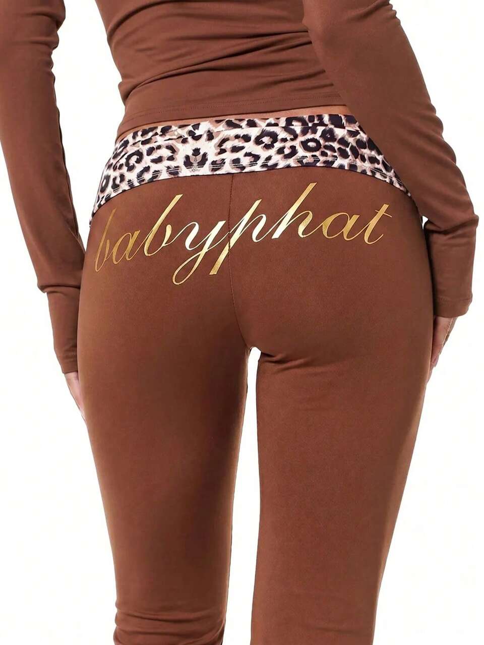 BABYPHAT Leggings à taille pliante et jambes évasées avec bande de taille contrastée imprimée léopard et détail de logo doré