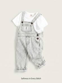 Cozy Pixies Baby Boy Letter Patch Pocket Design Denim Overalls - Light Grey - View 1