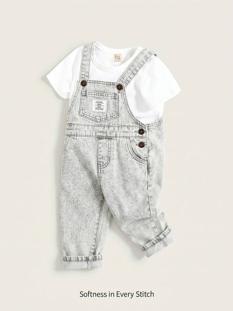 Cozy Pixies Baby Boy Letter Patch Pocket Design Denim Overalls - Light Grey - View 1