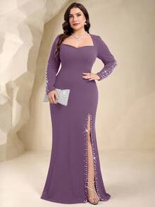 Coutiva Gaun Malam Formal Ukuran Plus Elegan dengan Hiasan Manik-Manik Mutiara Imitasi dan Belahan (Gaya Pengerjaan Berat) - Dusty Purple - View 8