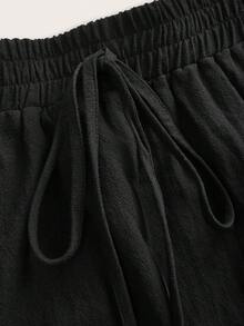 Comfylo Contrast Color Shell Embroidery Plus Size Women's Waist Tie Shorts - Black - View 6