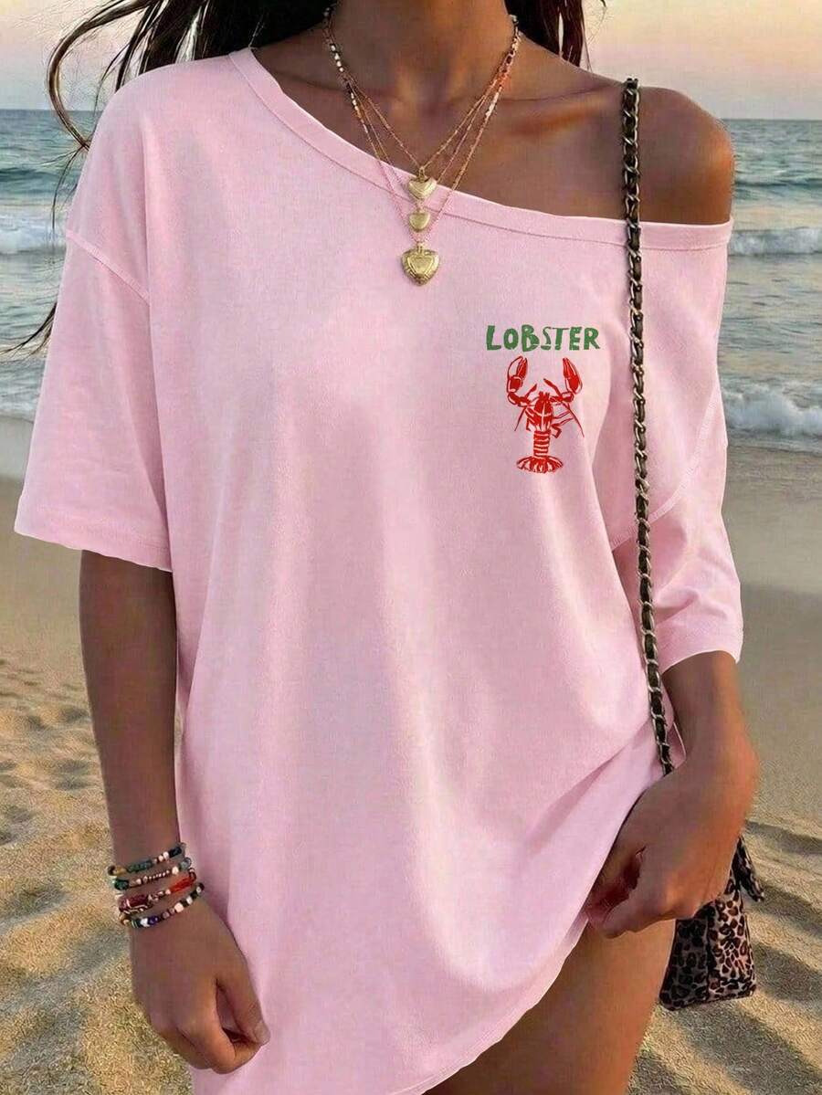 SHEIN EZwear 休閒極簡風女款不對稱落肩短袖寬鬆T恤,度假海灘夏季街頭風,粉綠蕾絲上衣 - 白色 - 查看 1