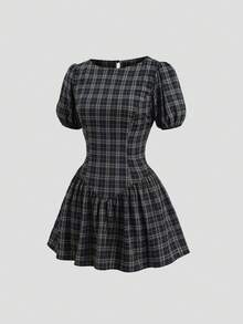 Sweetra Spring/Summer French Vintage Plaid Fashion Design Puff Short Sleeve Waist-Cinching Slimming Preppy Casual Short Dress For Women - Blue - View 3