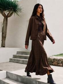 Nöista Brown Plaid Maxi Skirt With Ruffle Details. Occasionwear, Romantic, Chic Style. Elegant Boho - Brown - View 6
