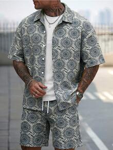 Manfinity CasualCool Men's Casual Jacquard Shirt And Shorts Set - Dusty Blue - View 4