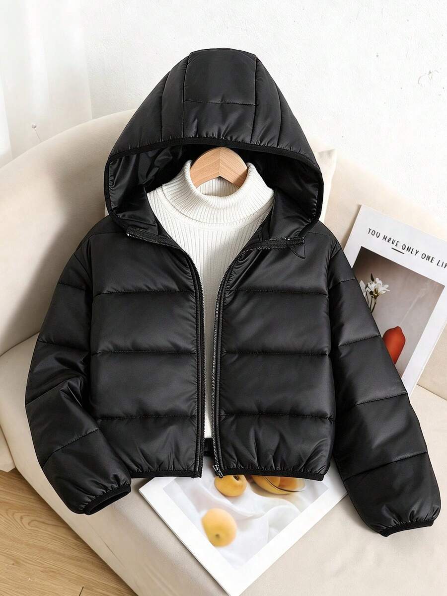 SHEIN Tween Girl Casual All-Match Kids Versatile Thick Hooded Loose Long Sleeve Winter Coat , Black Fall/Winter - Black - View 1
