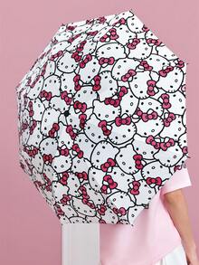 HELLO KITTY AND FRIENDS | SHEIN Cute White Cat With Pink Bow Print 3-Fold Umbrella, Sun Protection & Rainproof Dual-Use Parasol, Compact Portable For Travel & Daily Use - Pink - View 2