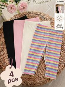 SHEIN Playful Pals 女嬰休閒簡約彩色可愛條紋素色內搭褲 4件組 春/秋 - 彩色 - 查看 3