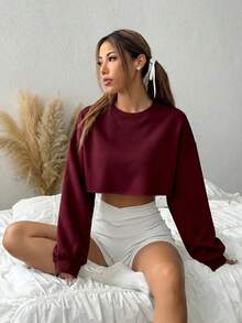 SHEIN EZwear 女款休閒百搭純色短版運動衫 - 酒紅色 - 查看 5