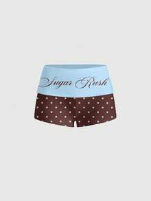 ROMWE Y2K Celana Pendek Wanita Seksi Berpotongan Rendah Motif Polkadot Cokelat dengan Slogan - Biru - View 1