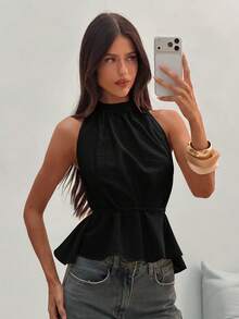 Aloruh Women's Elegant Halter Neck Backless Linen Solid Color Vacation Top Dinner Date Going Out Party Black Summer - Black - View 4