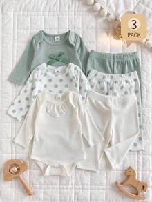 SHEIN Playful Pals 3件組新生兒套裝，信封領綠色波點印花白色與綠色長袖連身衣搭配鬆緊腰長褲，舒適柔軟，適合休閒外出與玩耍，可愛春秋百搭穿搭 - 薄荷綠 - 查看 6