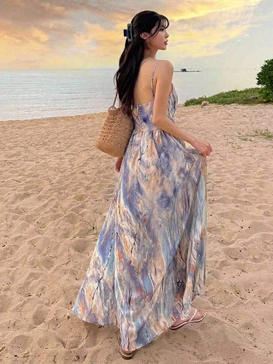 DAZY Women's Elegant Tie-Dye Pattern Spaghetti Strap Dress For Vacation - Blue - View 1