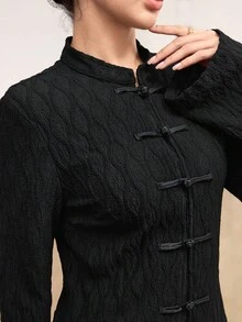 Graceveil Women's Elegant Casual Textured Fabric Frog Button Design Long Sleeve Blouse, Going Out Tops For Women, Autumn New Arrival - Black - View 3