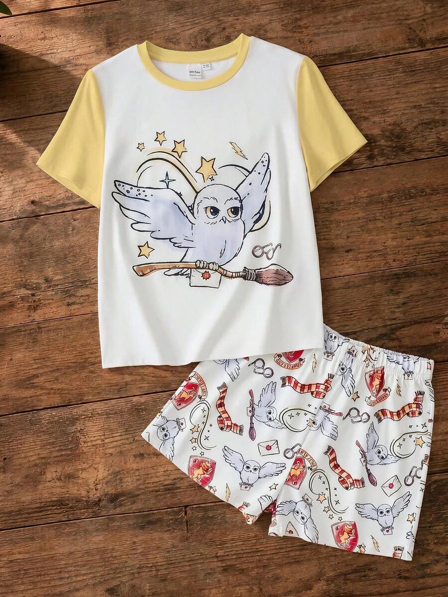 HARRY POTTER X SHEIN 2pcs Tween Girl Cute Cartoon Hedwig Owl Print Contrast Color T-Shirt And White Badge All-Over Print Shorts Pajama Set, Suitable For Spring/Summer - Yellow - View 1