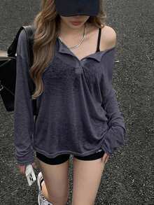 DAZY Women's Solid Color Simple Casual T-Shirt, Fashionable For Daily Wear Long Sleeve Women Tops Cover Ups For Swimwear - Navy Blue - View 1