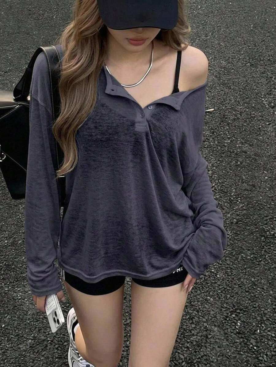 DAZY Women's Solid Color Simple Casual T-Shirt, Fashionable For Daily Wear Long Sleeve Women Tops Cover Ups For Swimwear - Navy Blue - View 1