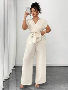 Elenzga Plus Size Simple V-Neck Pleated Tie Tank Top And Loose Wide Leg Pants Set - Apricot - View 1