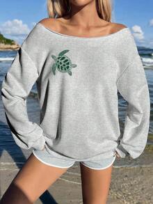 SHEIN EZwear 淺灰色女款露肩寬鬆休閒長袖衛衣，海龜印花圖案 - 淺灰色 - 查看 4
