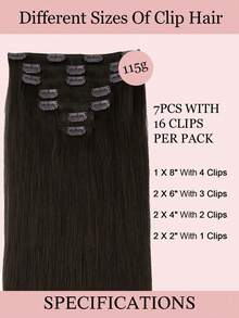 7 PIEZAS Extensiones de cabello con clip recto 100% cabello humano real de 14-24 pulgadas 115G Doble trama Extensiones de cabello con clip invisibles Cabello humano Remy natural para uso diario de mujeres y niñas - S2 - Ver 3