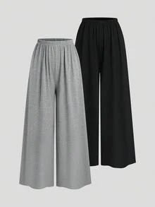 Sweetra Simple Casual Lazy Home Office Commute Daily Date Shopping Elastic Waist Wide Leg Pants Set For Women, Black And Grey, Spring Summer Autumn - Multicolor - View 1