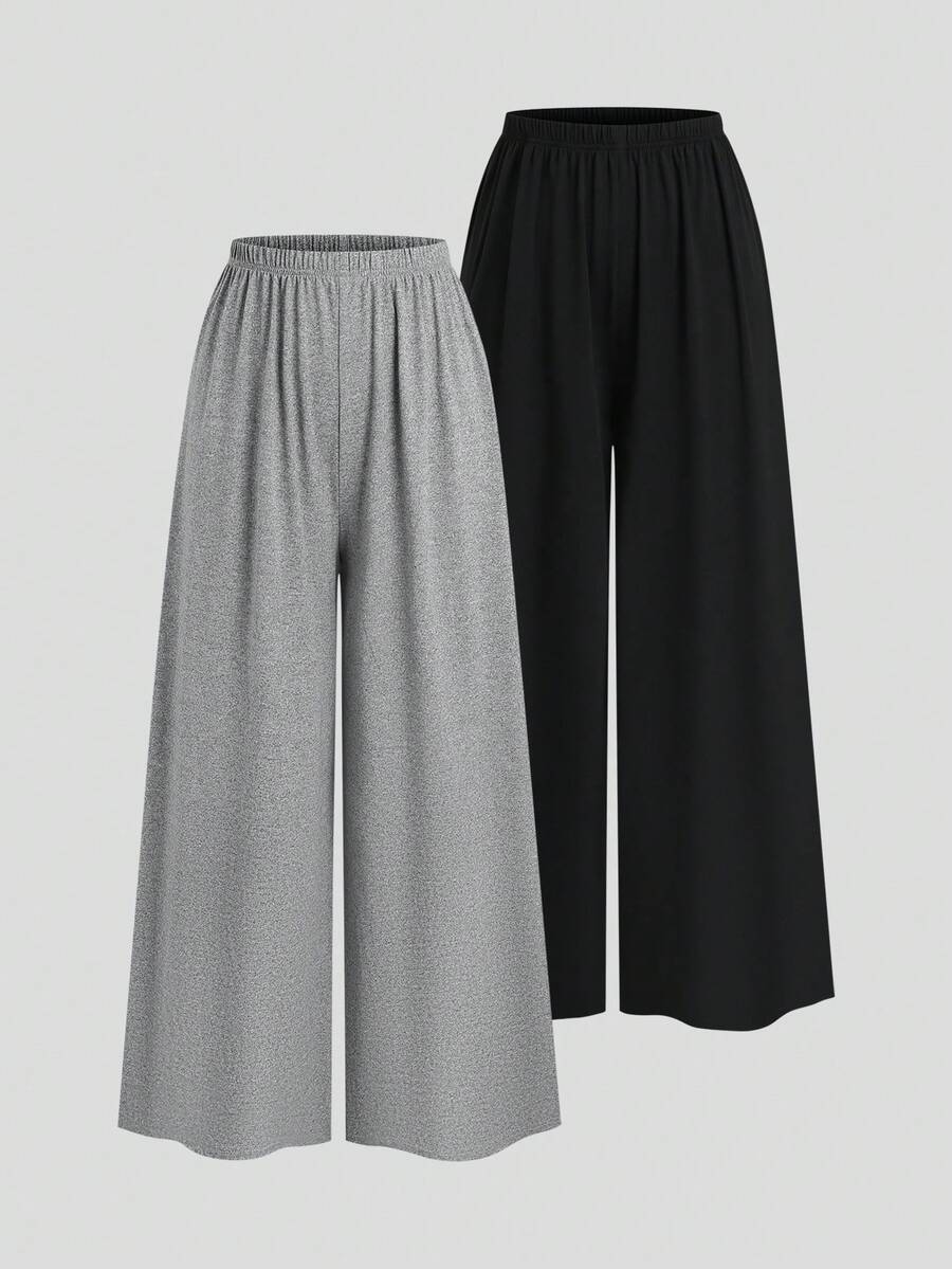 Sweetra Simple Casual Lazy Home Office Commute Daily Date Shopping Elastic Waist Wide Leg Pants Set For Women, Black And Grey, Spring Summer Autumn - Multicolor - View 1