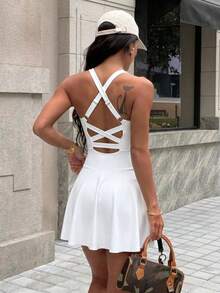 Glamine Charm Women's Solid Color Square Neck Criss-Cross Back Sleeveless Sports Dress - White - View 5