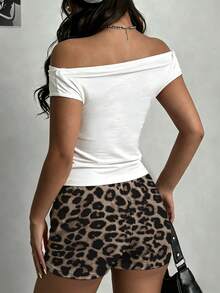 Rovax Women Two Pieces Set Women's Off Shoulder Ruched Tight Short Sleeve T-Shirt Mini Shorts White Leopard Print Street Wear Slim Fit Night Out - Multicolor - View 2