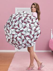 HELLO KITTY AND FRIENDS | SHEIN Cute White Cat With Pink Bow Print 3-Fold Umbrella, Sun Protection & Rainproof Dual-Use Parasol, Compact Portable For Travel & Daily Use - Pink - View 3