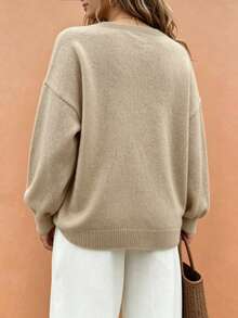 SHEIN LUNE Plus Size Women's Autumn/Winter Casual Style, Minimalist Versatile Gentle Style, Solid Color V-Neck Single-Breasted Lantern Sleeve Loose Knit Cardigan, Suitable For Autumn/Winter Wear - Apricot - View 2