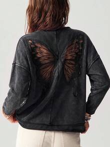 Bohemela Women's Back Patchwork Butterfly Embroidered Mesh Drop Shoulder Long Sleeve Casual Loose T-Shirt - Black - View 1