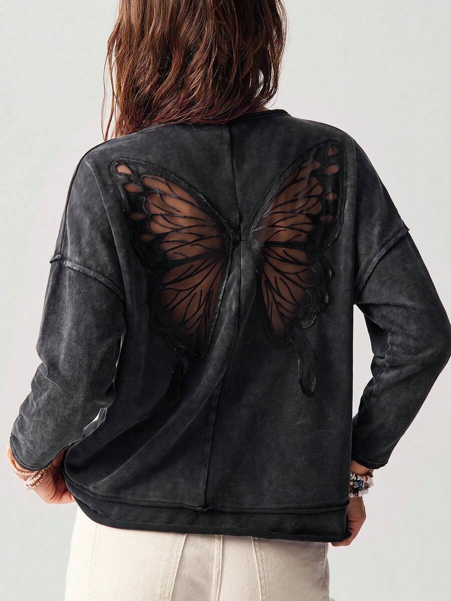 Bohemela Women's Back Patchwork Butterfly Embroidered Mesh Drop Shoulder Long Sleeve Casual Loose T-Shirt - Black - View 1