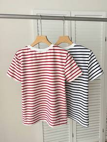 SHEIN BASICS 女款條紋拼色休閒日常夏季T恤 2件/組 - 彩色 - 查看 2