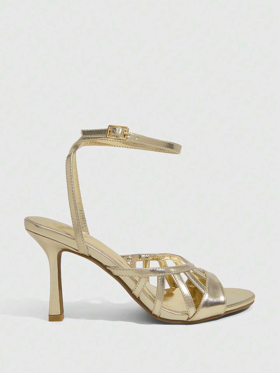 CUCCOO SZL Women Shoes Gold Hollow PU Ankle Strap Fashionable Sexy Round Toe High Heel Sandals
