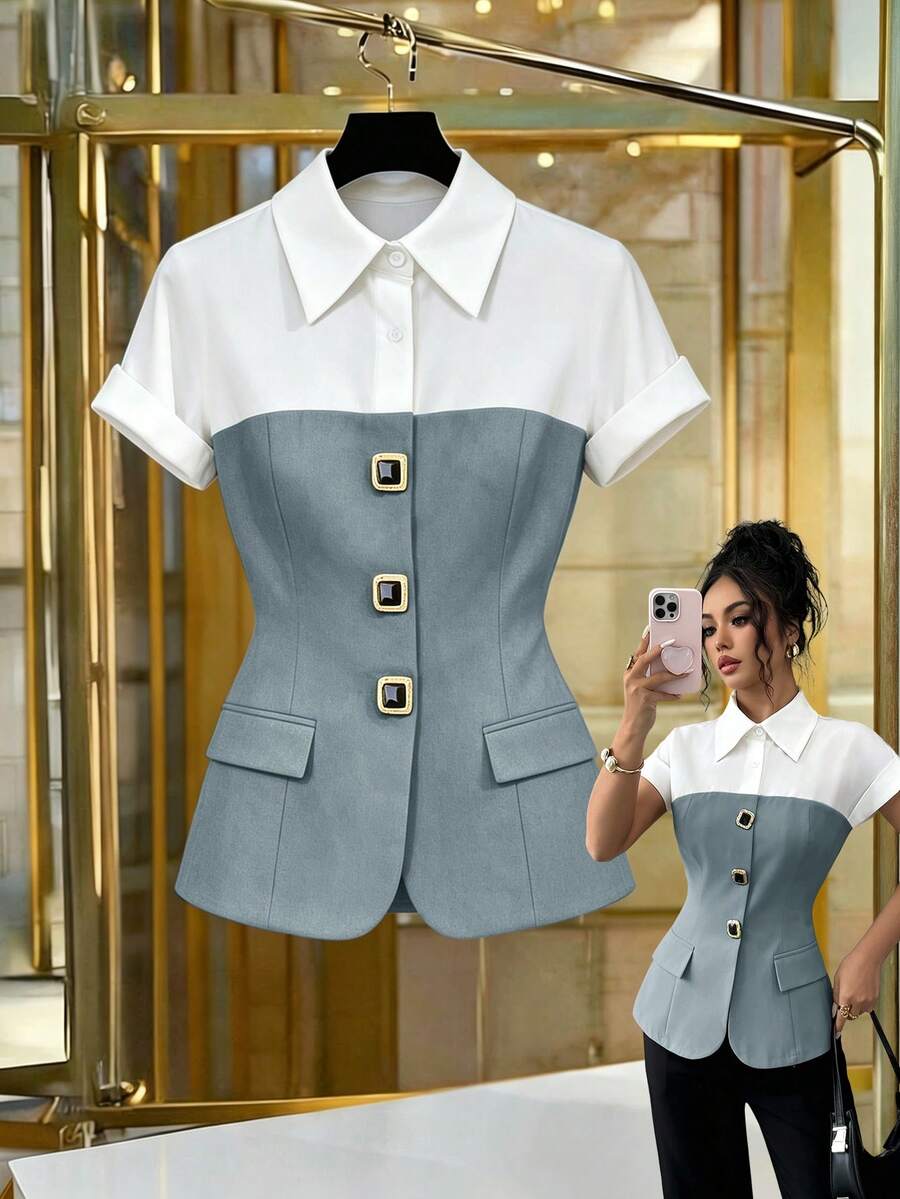 Selianne Summer New Fashion Contrast Color Metal Buckle Lapel Simple Exquisite Versatile Commute Women's Shirt - Grey - View 1