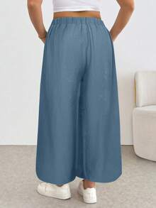 Shapeblank Pantalones de pierna ancha de unicolor versátiles y casuales de talla grande - Azul - Ver 2