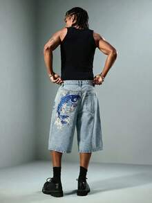 ROMWE MEN Street Life Men's Fish Pattern Embroidered Denim Shorts - Blue - View 6