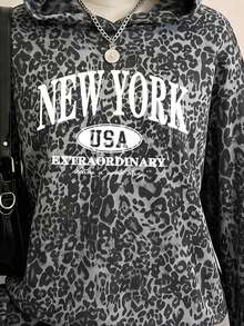 SHEIN EZwear 秋季新款字母標語小豹紋淺灰色仿水洗針織水印豹紋寬鬆毛茸茸女款衛衣，秋季上衣，適合日常通勤、聚會、秋冬/夏季、聖誕節、新年、感恩節、派對、婚禮、海灘、畢業典禮、優雅、外出、約會、通勤、情人節、優雅、度假 - 彩色 - 查看 5