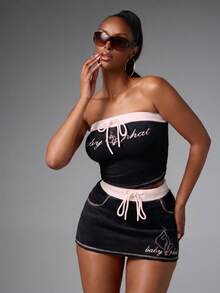 BABYPHAT Velour Strapless Bandeau Tube Top With Logo Embroidery And Drawstring Waist Detail - Black - View 2